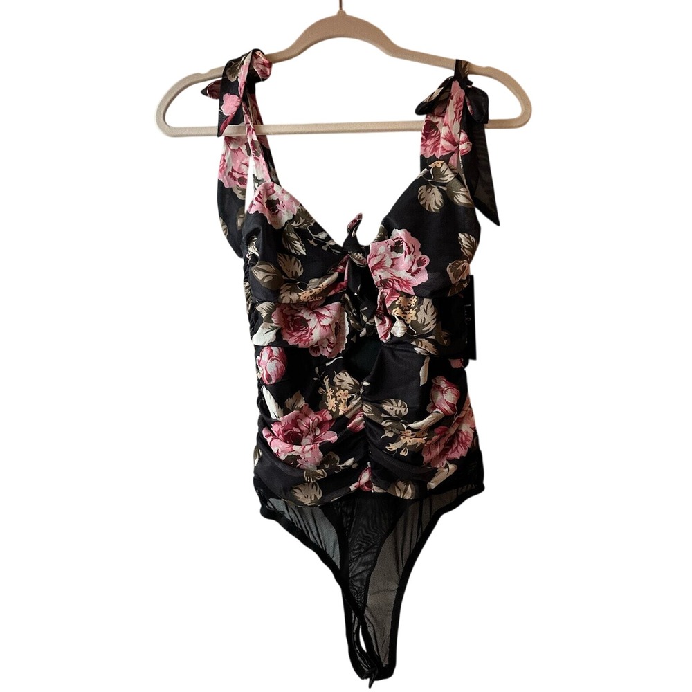 Lulus Bodysuit Women Small Black Floral Mesh Ruched Tie Shoulder Cutout Romantic